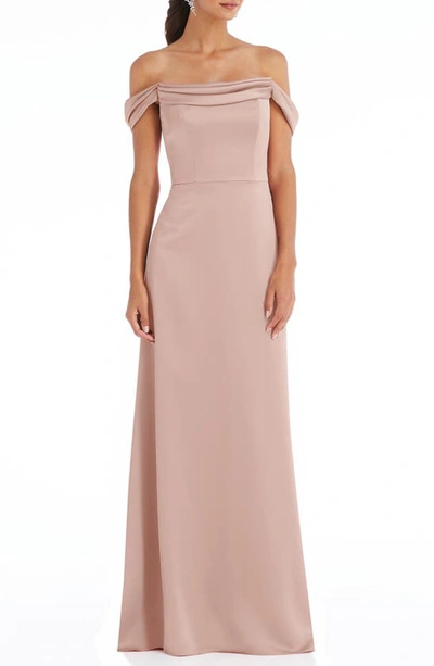 Shop Dessy Collection Off The Shoulder A-line Charmeuse Gown In Toasted Sugar