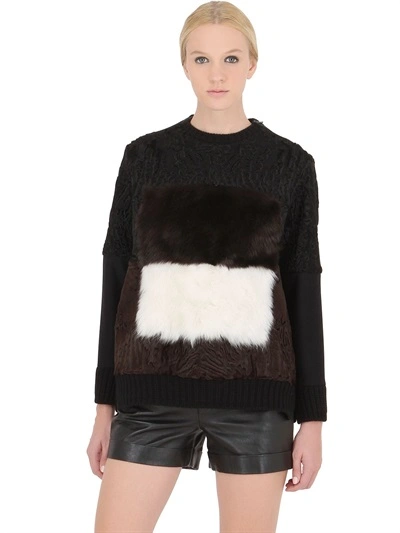Fendi Shearling & Wool Blend Sweatshirt In Black/brown