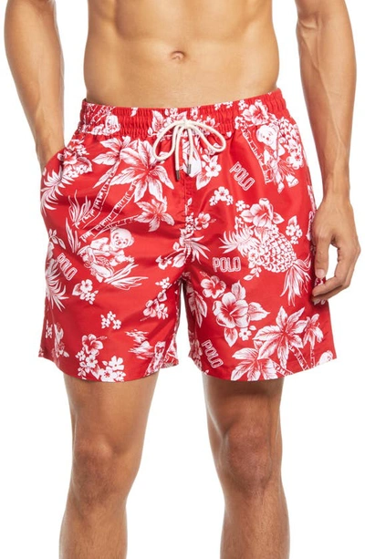 Shop Polo Ralph Lauren Traveler Floral Swim Trunks In Red