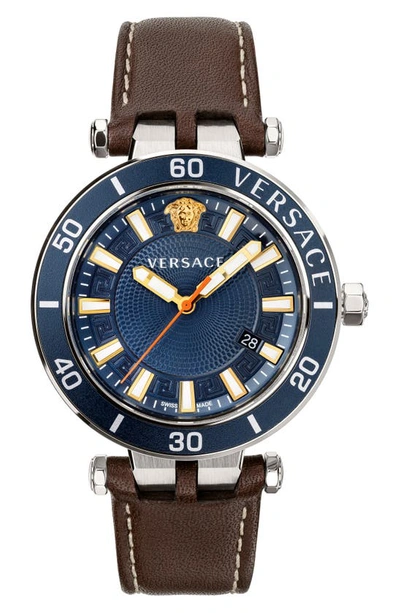 Shop Versace Greca Sport Leather Strap Watch, 43mm In Silver