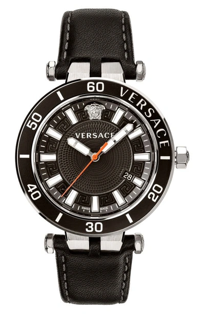 Shop Versace Greca Sport Leather Strap Watch, 43mm In Silver