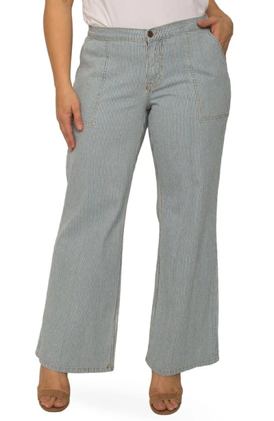 Standards & Practices High Rise Wide Leg Stripped Denim Pants In Mid Blue