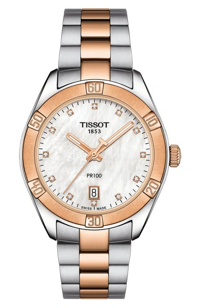 Tissot T-classic Pr 100 Bracelet Watch In Silver/ Mop/ Rose Gold