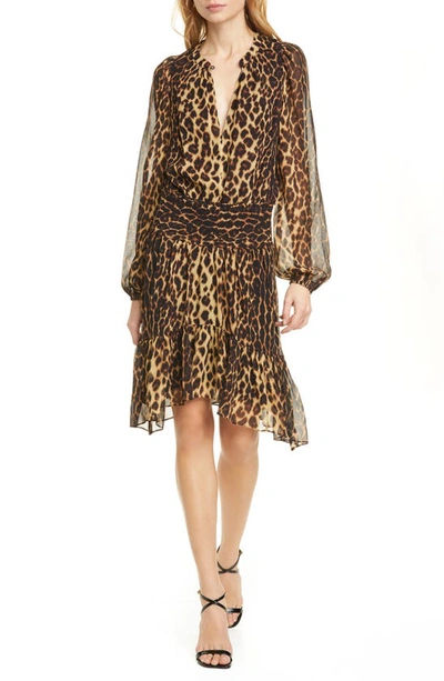 Shop A.l.c Sidney Leopard Print Long Sleeve Silk Dress In Brown Multi