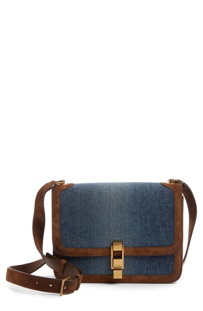 Shop Saint Laurent Carre Denim & Suede Shoulder Bag In Dusty Blue