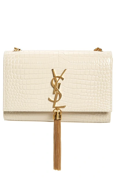 Shop Saint Laurent Small Kate Croc Embossed Leather Shoulder Bag In Blanc Vintage