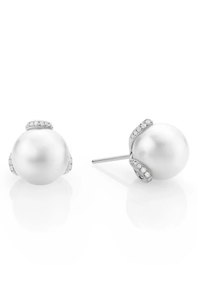 Shop Mikimoto Pearl & Diamond Stud Earrings (online Trunk Show) In D0.22 18kwg