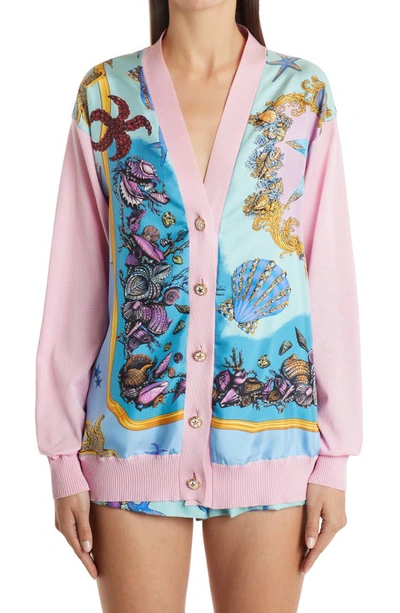 Shop Versace Tresor De La Mer Print Silk & Cotton Cardigan In Light Pink