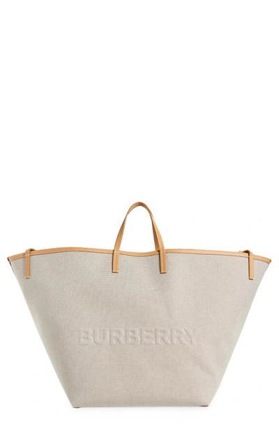 Shop Burberry X-large Beach Logo Canvas Tote In Soft Fawn/ Warm Sand