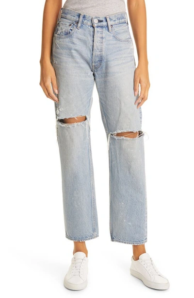 Shop Moussy Teaneck Ripped Wide Straight Leg Jeans In Light Blue 111