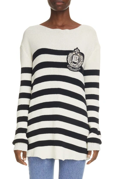 Shop Balmain Emblem Stripe Sweater In Natural/ Noir