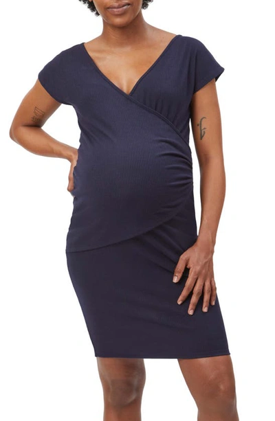 Shop Stowaway Collection Drop Shoulder Maternity/nursing Dress In Navy