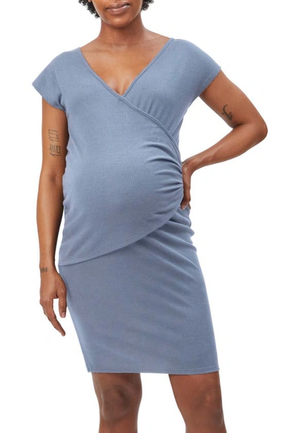 Shop Stowaway Collection Drop Shoulder Maternity/nursing Dress In Slate Blue