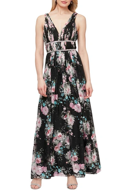Shop Alex Evenings Embelished Waist Floral Print Dress In Black Multi