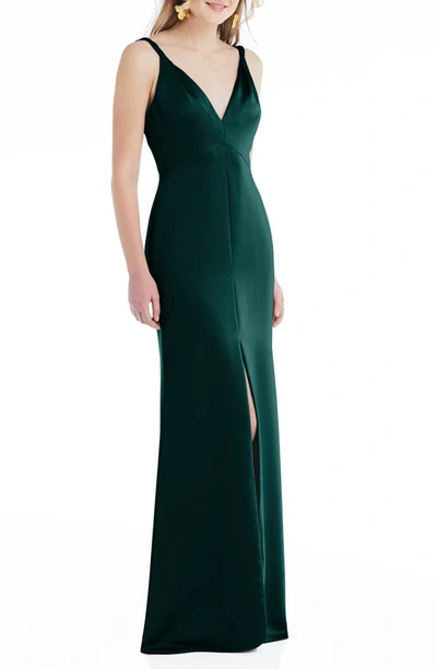Shop Lovely Neve Twist Strap Satin Charmeuse Gown In Evergreen