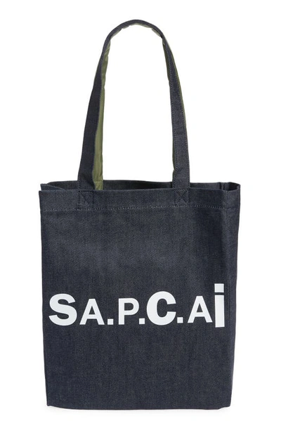 Shop A.p.c. X Sacai Holly Logo Reversible Denim Tote In Navy/ Olive Green