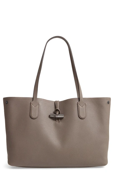 Shop Longchamp Roseau Essential Mid Leather Tote In Grey