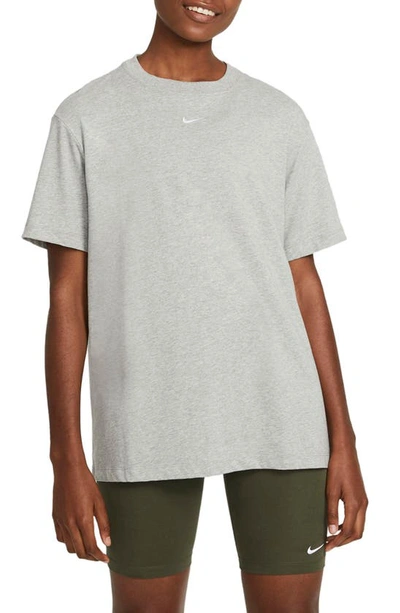 Shop Nike Essential Embroidered Swoosh Cotton T-shirt In Dark Grey Heather/ White