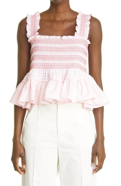 Shop Molly Goddard Smocked Peplum Top In Pink With Red