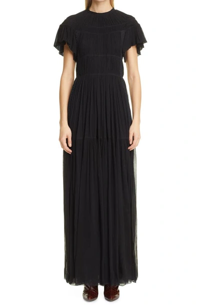 Shop Chloé Smocked Silk Crepon Dress In Black