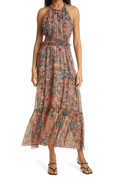 Shop A.l.c Elara Floral Halter Neck Silk Dress In Coral/ Green