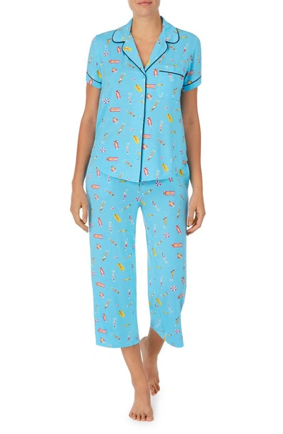Shop Kate Spade Print Jersey Crop Pajamas In Aqua
