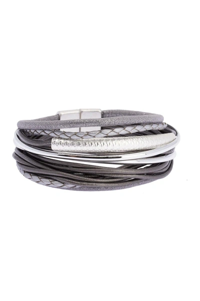 Shop Saachi Sophisticated Hammered Tube Leather & Faux Suede Multi-strand Bracelet In Grey