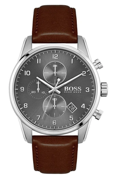 Shop Hugo Boss Skymaster Chronograph Leather Strap Watch, 44mm In Brown/ Grey/ Silver