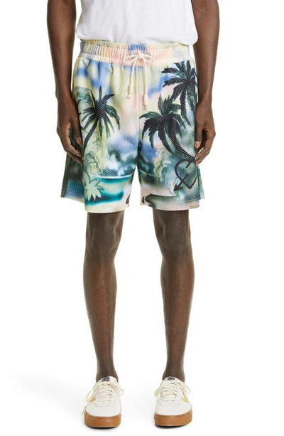 Shop Palm Angels Paradise Print Drawstring Mesh Shorts In Green Multi