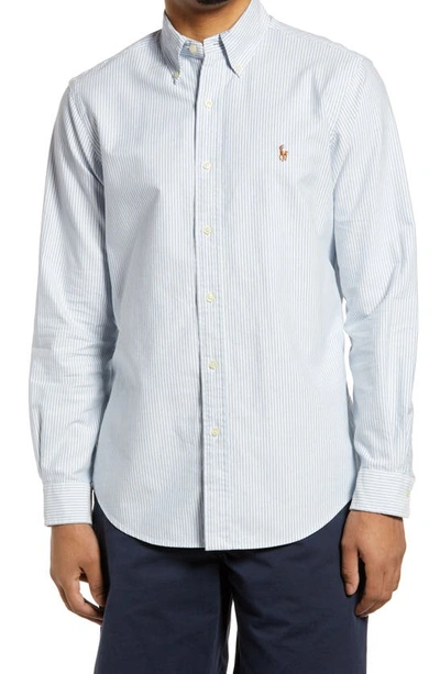 Shop Polo Ralph Lauren Classic Oxford Button-down Sport Shirt In Blue/ White Stripe