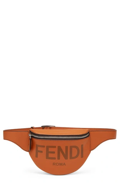 Shop Fendi Small Logo Debossed Leather Belt Bag In Brandy Pall