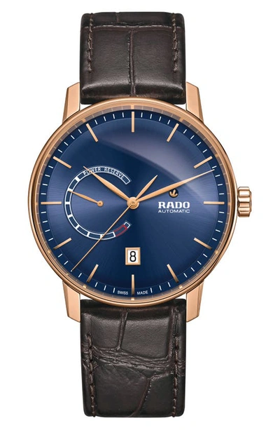 Shop Rado Coupole Classic Automatic Leather Strap Watch, 41mm In Brown/ Blue/ Rose Gold