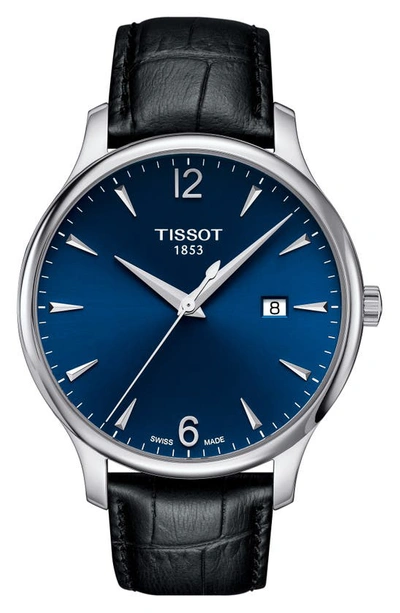 Shop Tissot Tradition Leather Strap Watch, 42mm In Black/ Blue/ Silver