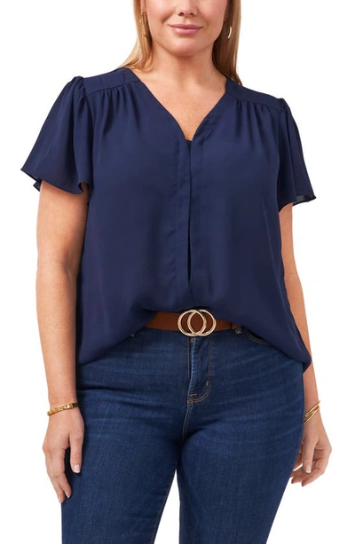 Shop Vince Camuto Flutter Sleeve Rumple Satin Blouse In Classic Navy