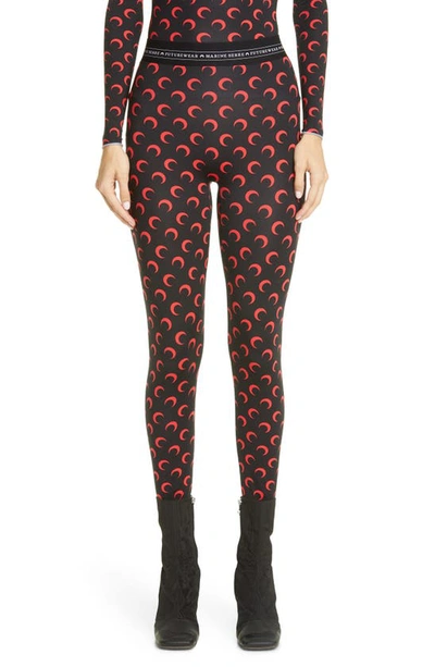 Shop Marine Serre Crescent Print Jersey Leggings In Black With Red Print