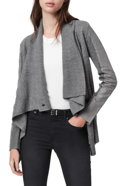 Shop Allsaints Lucia Wool & Leather Cardigan In Grey Marl