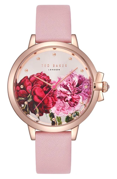 Shop Ted Baker Leather Strap Watch, 36mm In Pink/ Printed/ Rose Gold