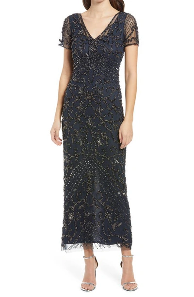 Shop Pisarro Nights Beaded Mesh Column Gown In Cosmic Navy