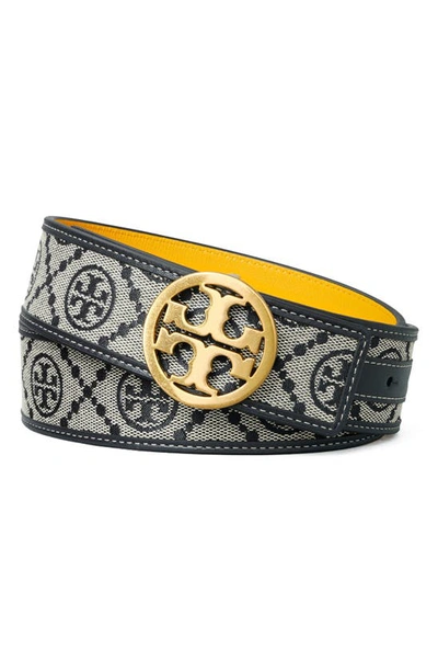 Shop Tory Burch T Monogram Jacquard & Leather Reversible Belt In Tory Navy