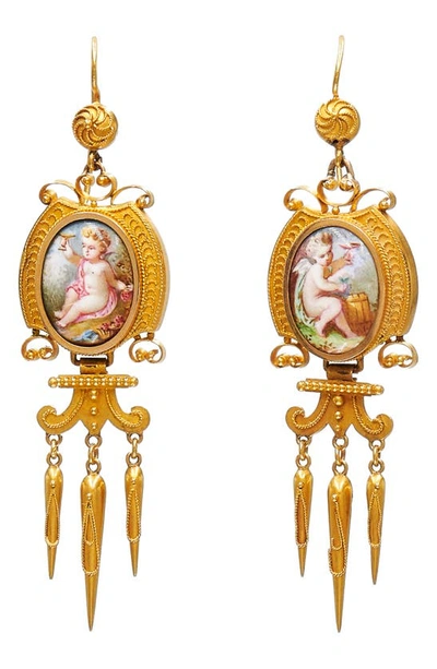 Shop Fred Leighton Vintage Hand Painted Drop Earrings In Yellow Gold