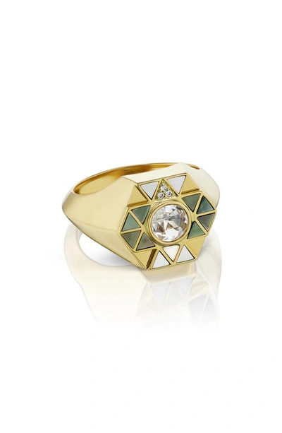 Shop Harwell Godfrey Elements Shell Inlay Pinky Ring In Yellow Gold/ Pearl/ Rock