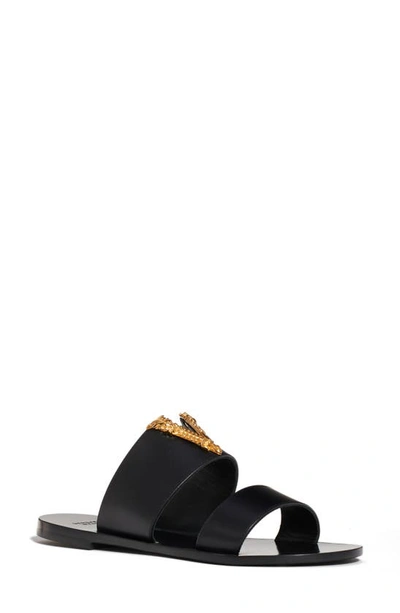 Shop Versace V-hardware Slide Sandal In Black/ Gold