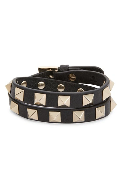 Shop Valentino Rockstud Leather Wrap Bracelet In Nero