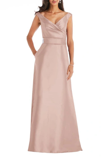 Shop Alfred Sung Off The Shoulder Satin Gown In Toasted Sugar