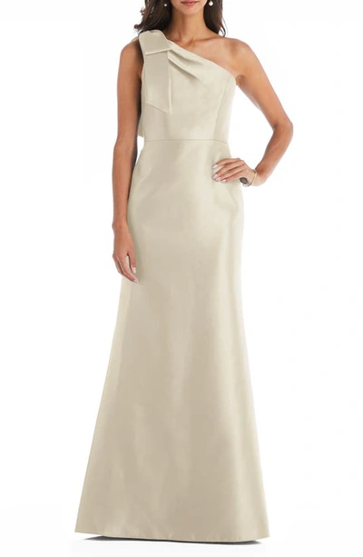 Shop Alfred Sung Bow One-shoulder Satin Trumpet Gown In Champagne
