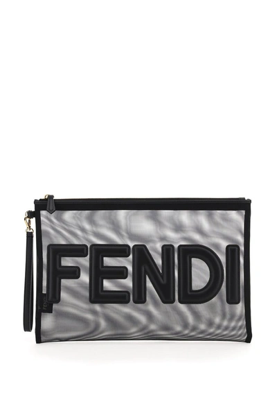 Shop Fendi Mesh Large Flat Pouch In Black