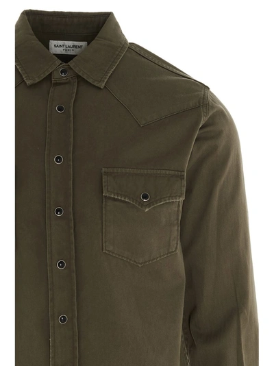 Shop Saint Laurent Distressed Classic Western Shirt In Green