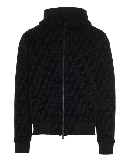 Fendi Velvet Ff Zipped Hooded Jacket In Black