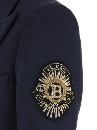 Shop Balmain Logo Patch Double Breasted Blazer In Navy