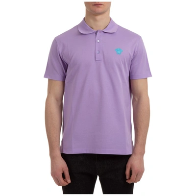 Shop Versace Medusa Embroidered Polo Shirt In Purple